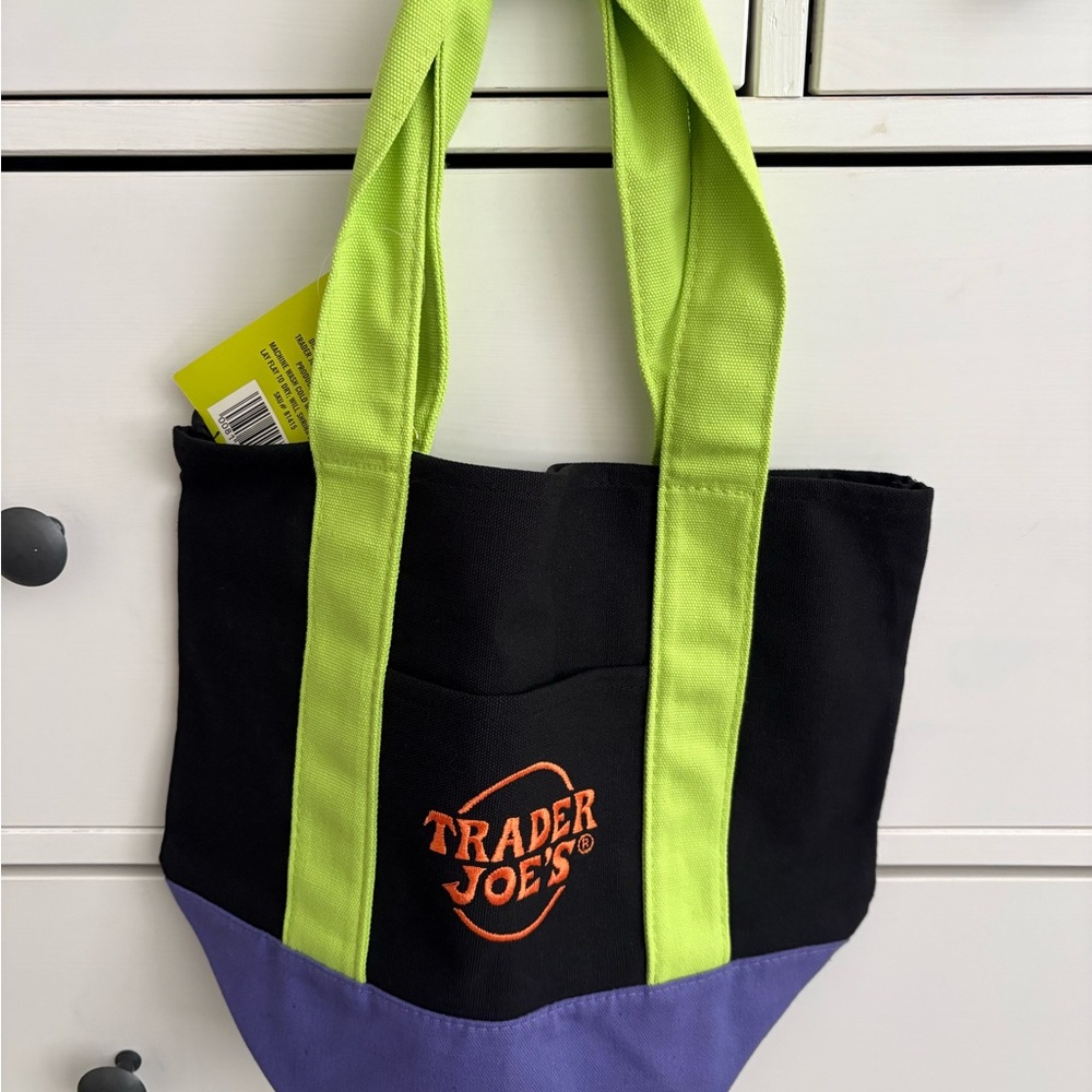 Trader Joe's Black and Purple Canvas Trick or Treat Tote with Green Straps